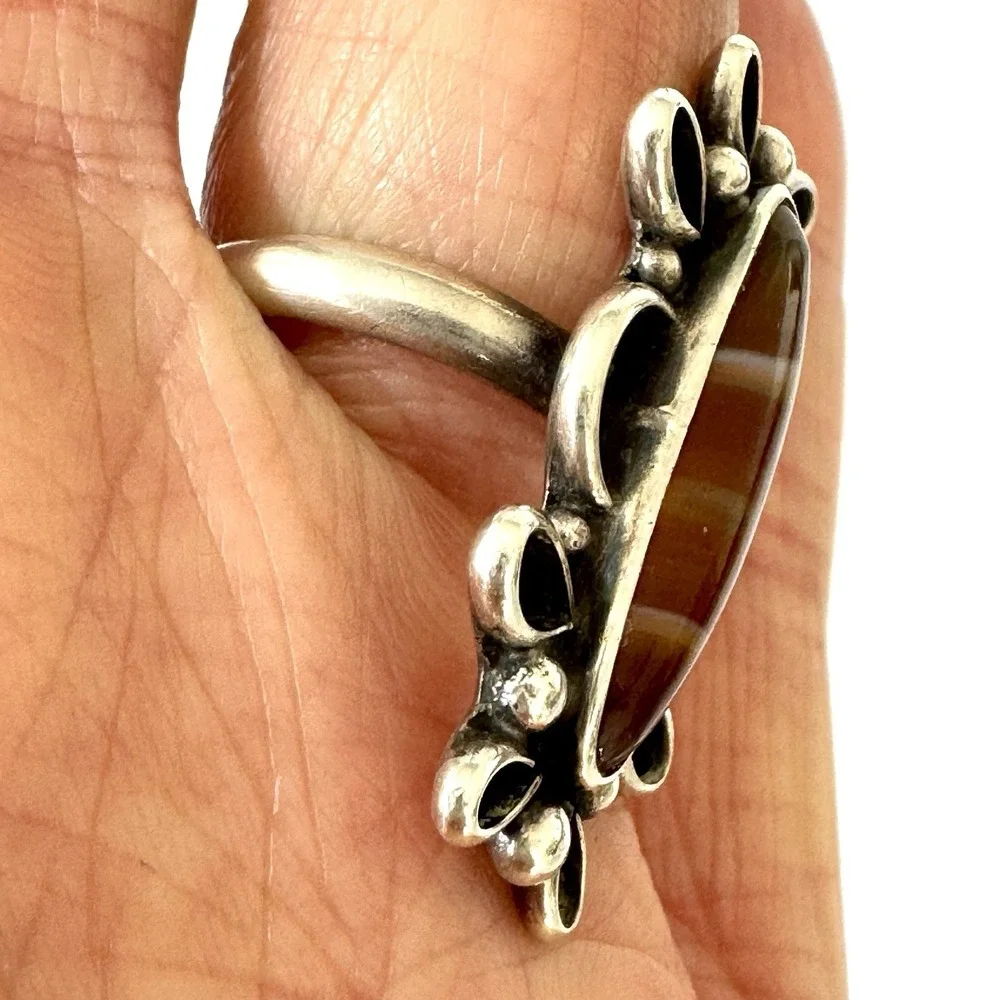 VTG Navajo Petrified Wood Agate Marquis Ring Sz 6.5 Signed JJ Sterling‎ 60s